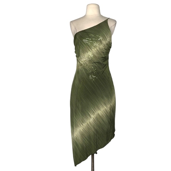 Cache Dresses & Skirts - Cache Y2K Vintage Green Shimmer One Shoulder Asymmetrical Midi Dress